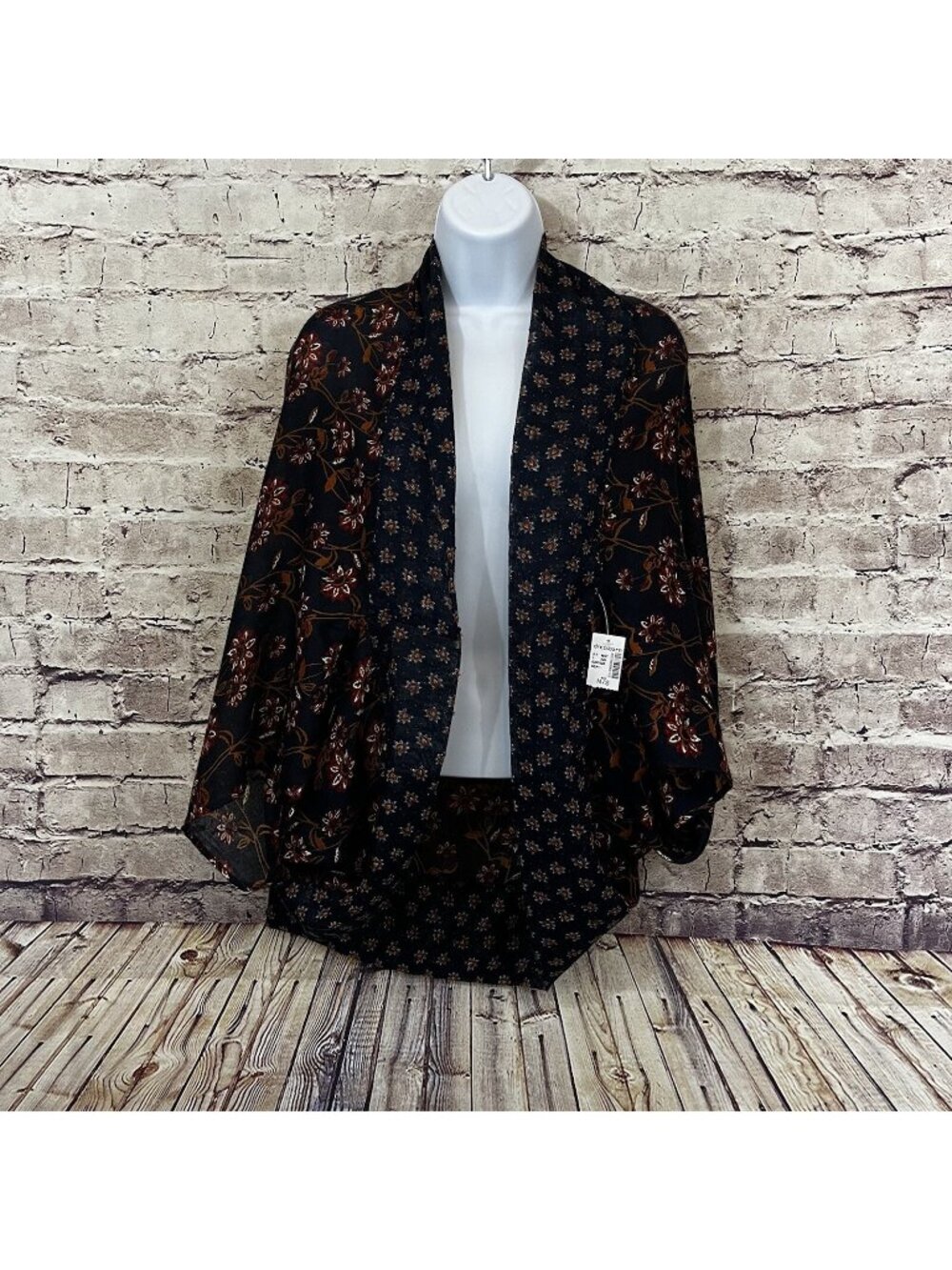 Dress Barn Navy Brown Floral Bat Wing Open Kimono